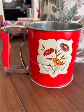 Vintage Red Metal Flour Sifter with Floral Panel by Hand-i-sift
